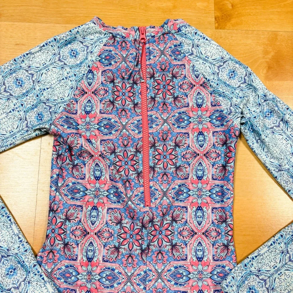 Seafolly Blue Pink & Purple Boho Tile Long Sleeve Rashguard 1 Piece Size 14